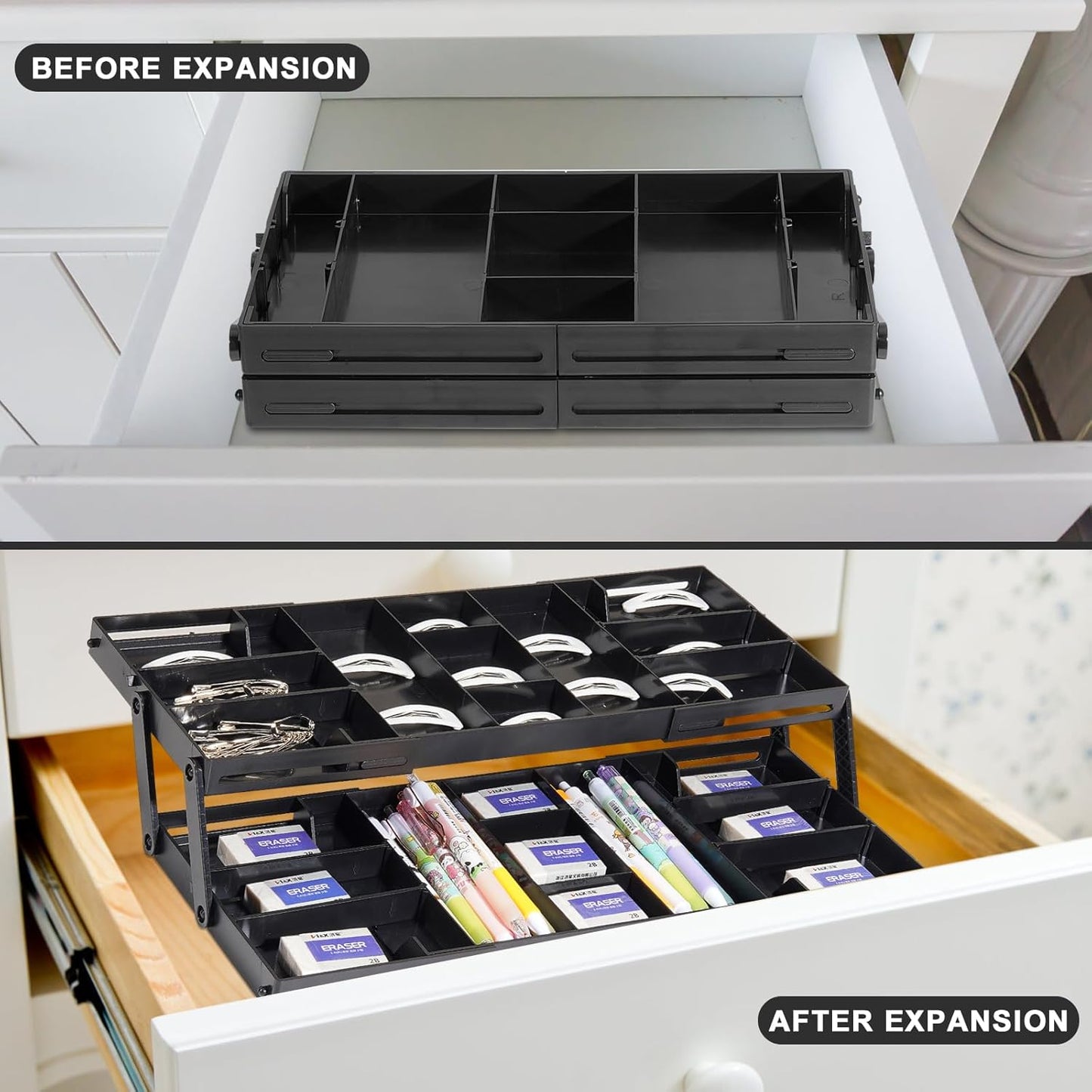 Aobiono Multi Level Smart Drawer Organizer, Multi Tier Expandable Storage Collapsible Foldable Trays for Jewelry, Cosmetics, Makeup, Tools, Battery (Black, Single Row - 2 Levels)