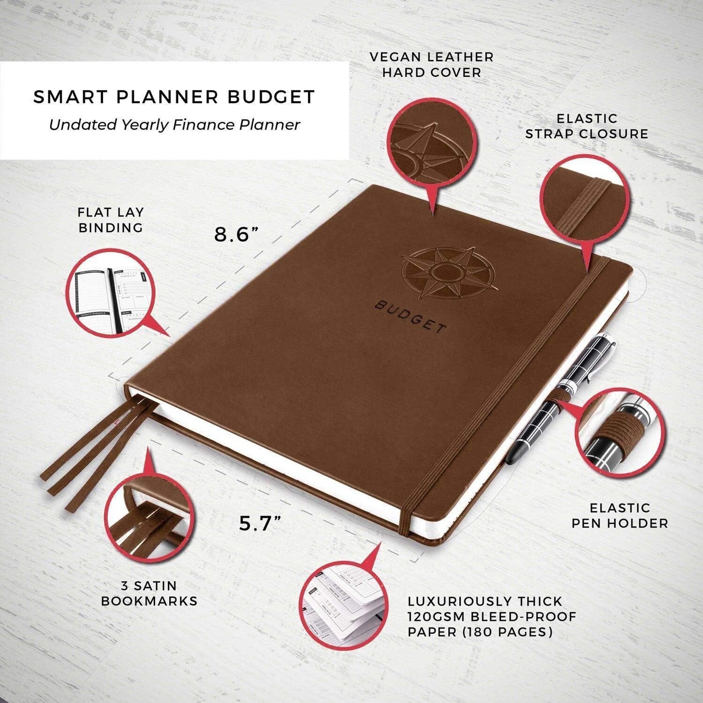 Smart Planner Budget Book – A5 Size 8.6 x 5.7 inches – Undated Budget Planner Organizer with Calendars, Debt Tracker, Expense Sheets, Savings Trackers and More – Inner Pocket for Receipts (Brown)