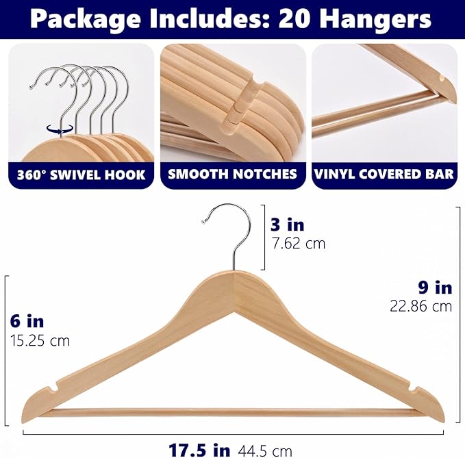 Amber Home 20 Pack Wooden Coat Hangers, Natural Wood Suit Hangers with Non Slip Pant Bar, Clothes Hangers for Shirts, Jackets, Dress, Pant (Natural, 20)