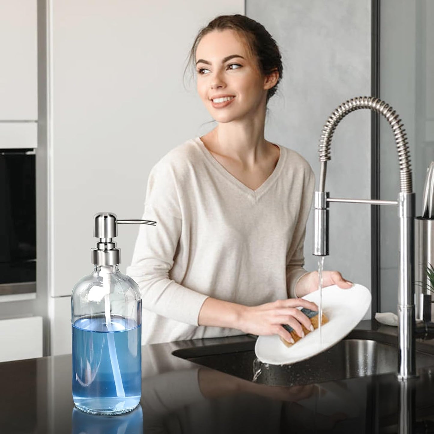 Clear Glass Soap Dispenser with 304 Stainless Steel Pump 17 oz for Kitchen Dish Soap and Bathroom Hand Soap Bottle