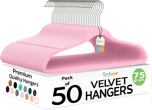 Premium Velvet Hangers 50 Pack Ultra Thin Non Slip Adult Felt Space Saving Suit Hanger for Closet Heavy Duty Coat Pants Jackets Dress Hangers 360° Swivel Hook Hold Upto 10 lbs Pink