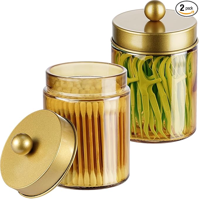 Amolliar Bronze Glass Apothecary Jar With Metal Lid & Stickers, Bathroom Qtip Dispenser Storage Canister, Perfect for Cotton Balls, Cotton Swabs, Makeup Pads, Bath Salt, Floss, 2 Pack(Gold)
