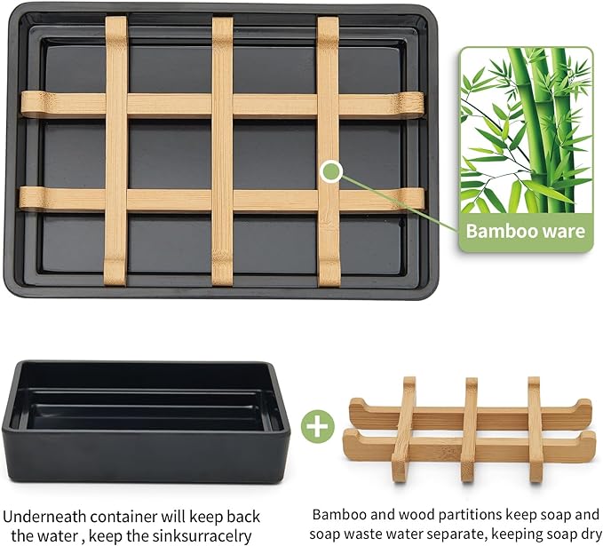 Bamboo Soap Dishes for Shower Wooden Soap Bar Holder for Bathroom Soap Tray Easy to Clean, Durable and with Non-Slip Pads(Two Black Squares)