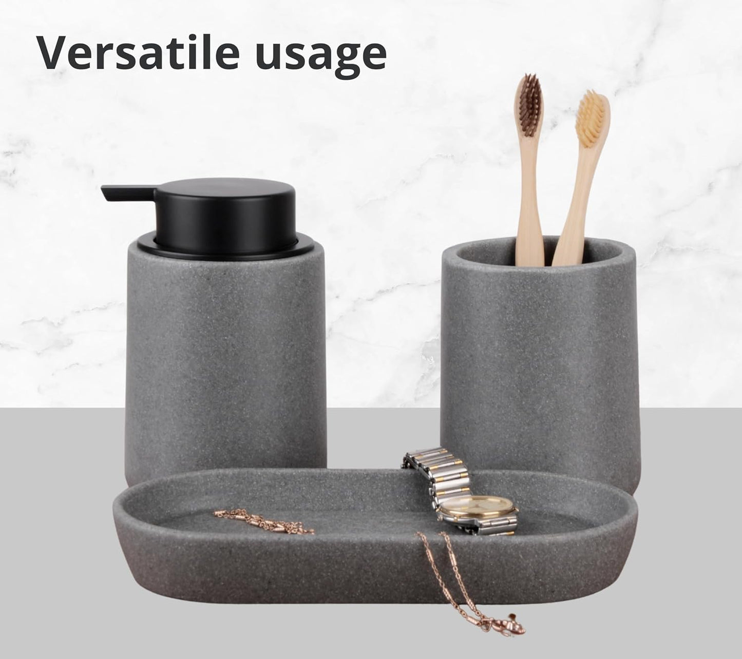 Grey Bathroom Accessories Set, 3 Pcs Resin Bathroom Accessories Complete Set, Sandstone Look Soap Dispenser with Large Pump, Toothbrush Cup, Soap Dish for Modern Home Decor and Kitchen
