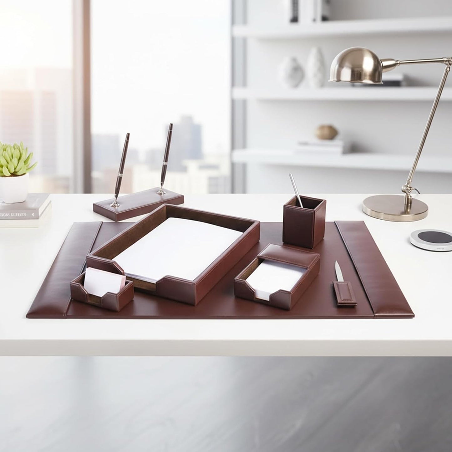 Dacasso Bonded Set Luxury Leather Desk Pad & Desk Organization Essentials, 7 Piece, Dark Brown