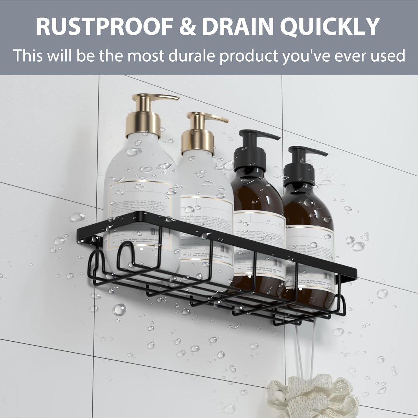 Shower Caddy Organizer with Hooks,Self Adhesive Bathroom Shelves,No Drilling Bathroom Organizers and Storage,Perfect for RV, Apartment, Home Decor,2 Pack Black