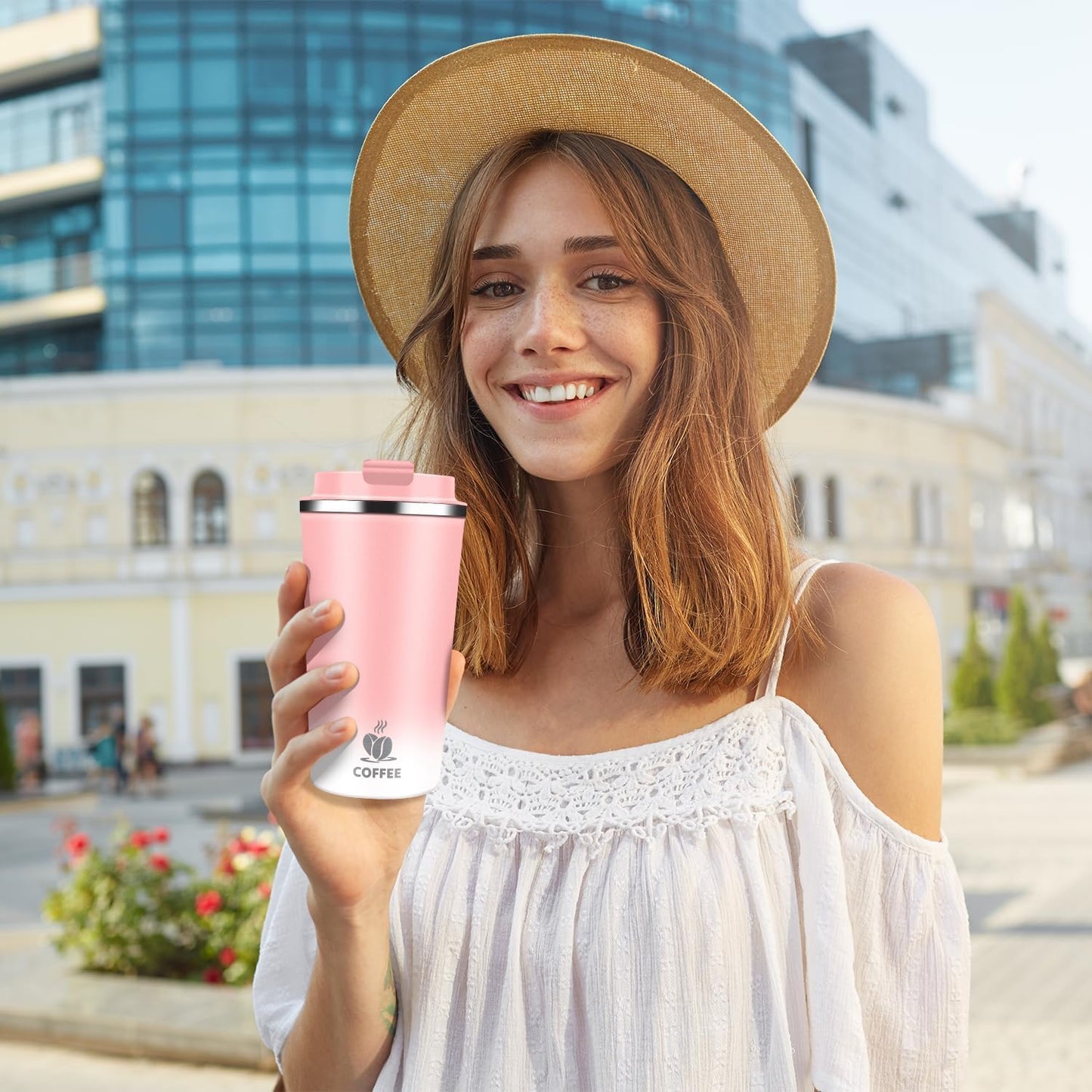 Insulated Travel Coffee Mug Reusable Coffee Tumbler Cup with Flip Lid Leak Proof Spill Proof for Office School Party Camping Hot and Cold Drink,Stainless Steel 17oz (Pink White)