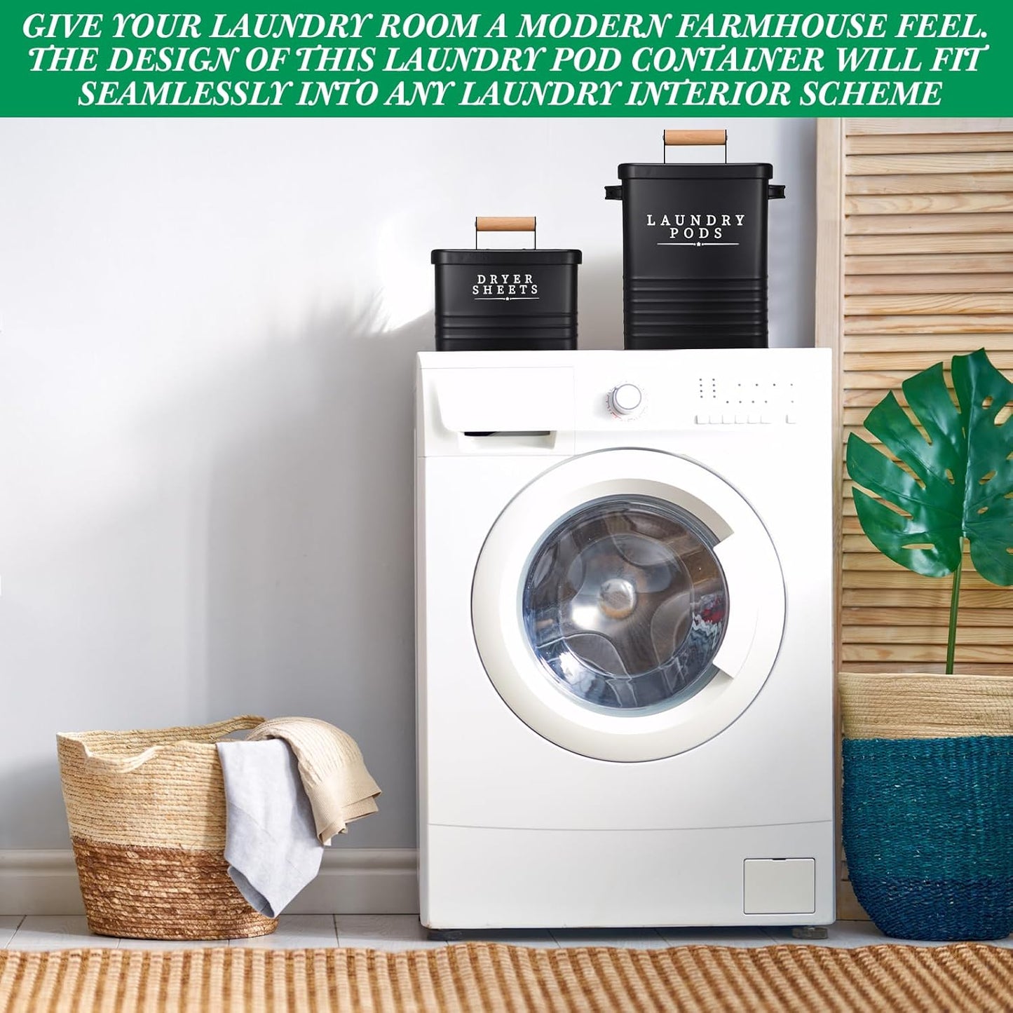 2 Pcs Laundry Pod Container with Dryer Sheet Holder Farmhouse Laundry Room Decor Organization and Storage Detergent Container Box with Lid Handle Metal Dryer Sheet Dispenser(Black)