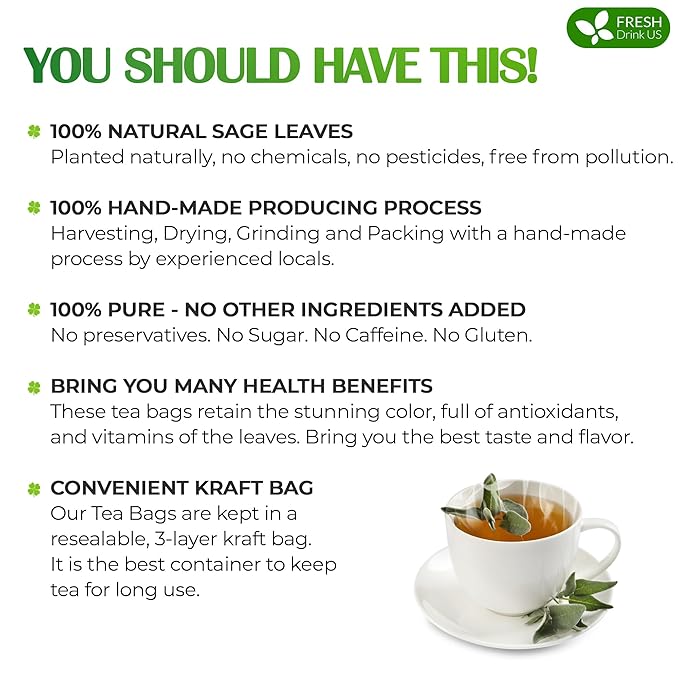 FreshDrinkUS, Premium 55 Sage Leaf Tea Bags, 100% Natural & Pure from Sage Leaves. Loose Leaf Herbal Tea. Made with Natural Material Tea Bags. No Sugar, No Caffeine, No Gluten, Vegan.