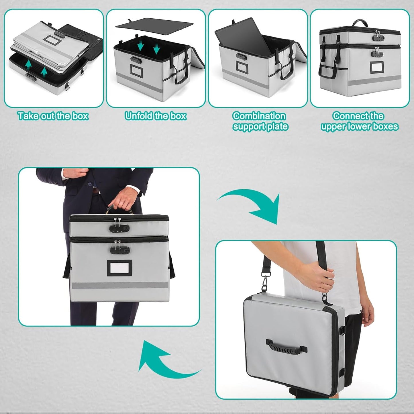 2 Layer File Box with Lock, Portable Document Organizer Box with Handle, Fireproof File Box for Home Office, Legal File Organizer Storage