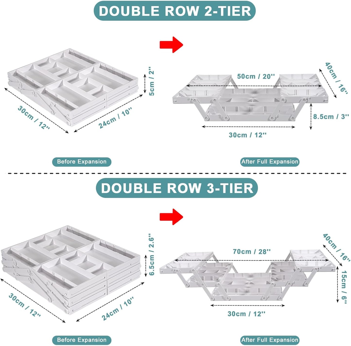 Aobiono Multi Level Smart Drawer Organizer, Multi Tier Expandable Storage Collapsible Foldable Trays for Jewelry, Cosmetics, Makeup, Tools, Battery (White, Double Row - 3 Levels)