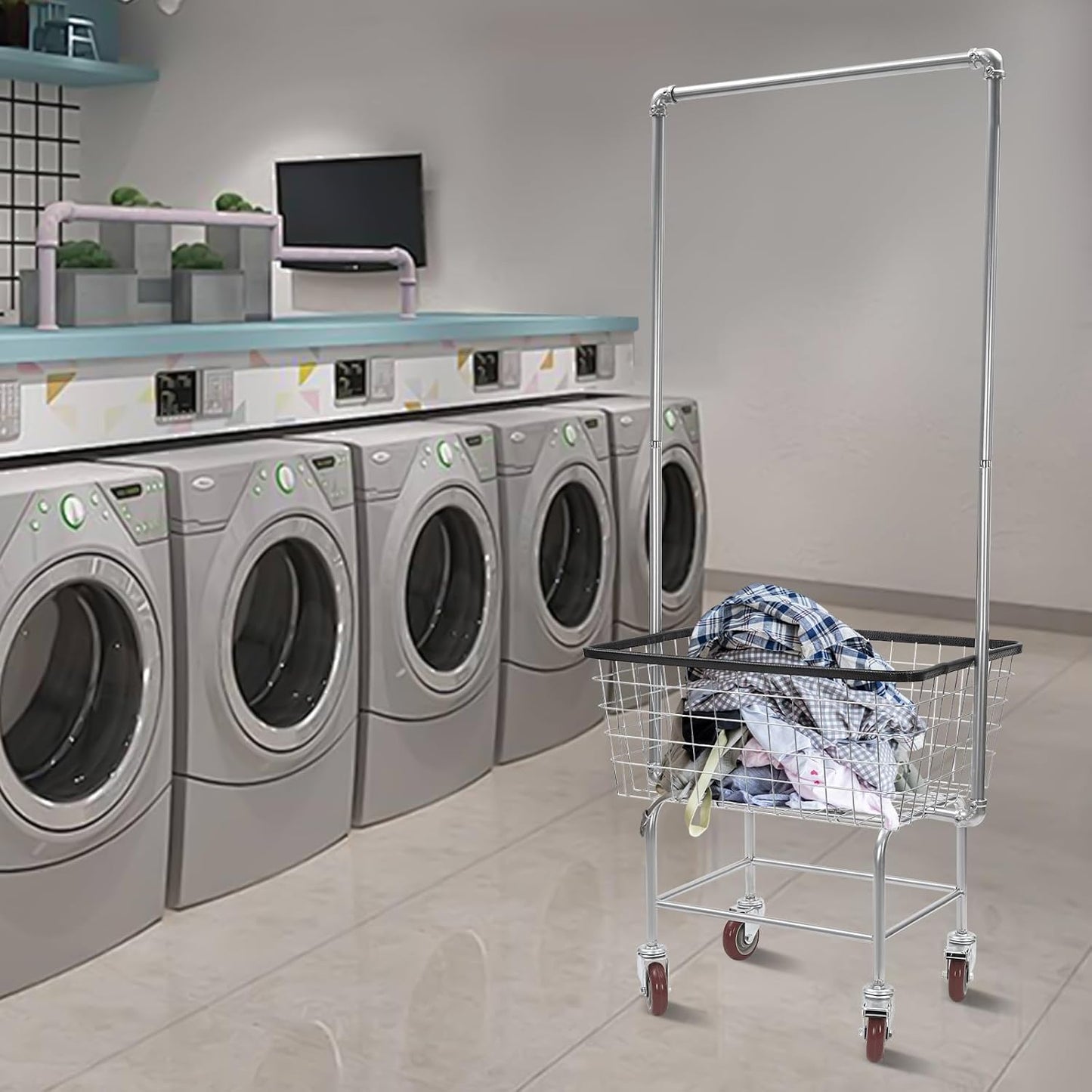 Wire Laundry Basket with Wheels,Commercial Laundry Basket Cart,Heavy Duty Rolling Laundry Cart with Rod Rack for Lau-ndry Clothes Storage (Type 1)