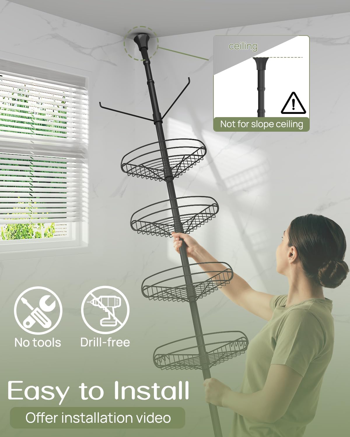 ALLZONE Corner Shower Caddy Tension Pole, 4-Tier Adjustable Shelves, Rustproof Bathroom Shower Organizer Corner for Inside Shower Storage, Tension Mounted, 39 to 115 Inch Height, Black