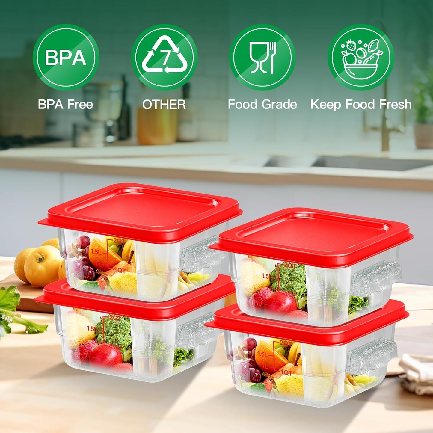 4 pcs 2qt Food Storage Containers with Lid, Square Clear Commercial Food Storage Containers with Handle and Scale for Food Storage in Home Kitchen & Dining (Red)