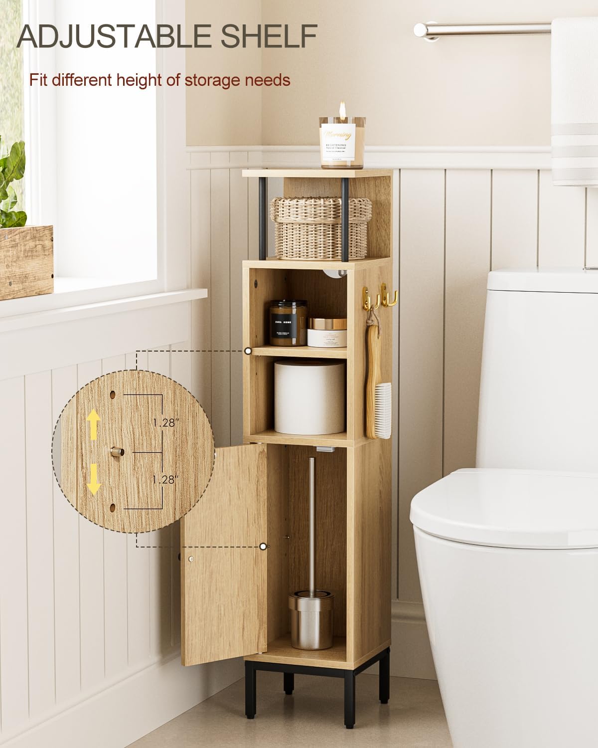 Bathroom Storage Cabinet,Small Corner Floor Cabinet with 2 Hook,Narrow Tall Toilet Paper Cabinet with Adjustable Shelves,Bathroom Organizer for Living Room,Small Spaces (Wave, Oak-37''H)
