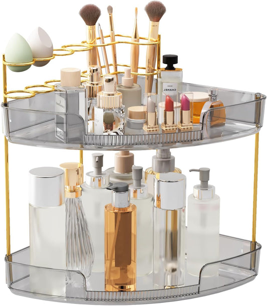 FELIZHOUSE 2-Tier Makeup Organizer for Vanity & Bathroom Countertop – Acrylic Storage Shelf with Perfume Tray & Makeup Brush Holder, Tool-Free Installation, Design for Bathroom & Dresser - Grey