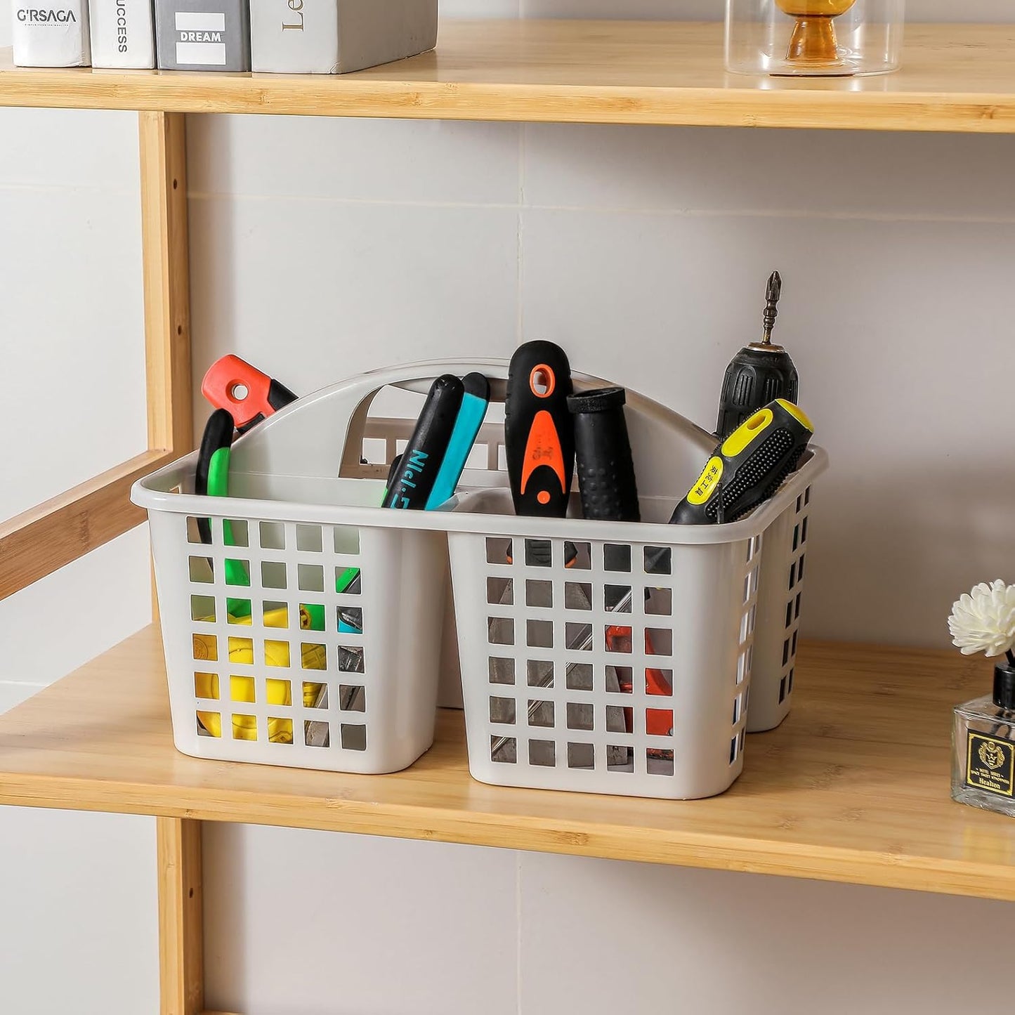 Portable Shower Caddy Basket with Compartments Cleaning Supplies Organizer with Handle Plastic Storage Divided Tool Bin for Bathroom, Bedroom, Kitchen, College Dorm, Garden, Under Sink, Light Grey