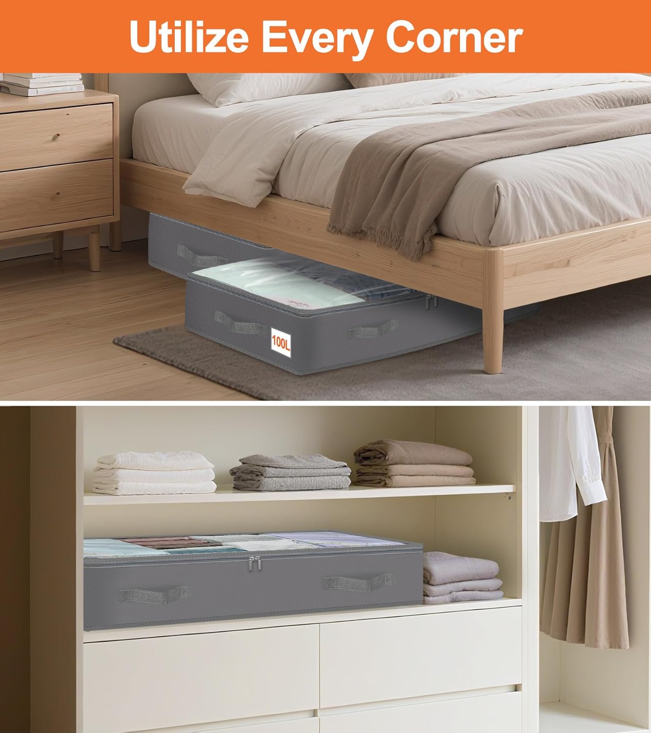 punemi Under Bed Storage Containers with Lid, 2 Pack Large Soft Foldable Storage Bags for Clothes, Coats, Sweaters, Blankets, Water-Resistant Inner Layer, 20x40x7.5 in, Perfect for Apartments and RV