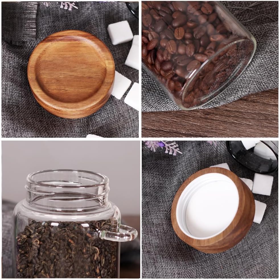 SAIOOL Loose Leaf Tea Storage Canister Set, 4 Pieces 16 OZ Glass Tea Containers with Wooden Lids and Spoons for Loose Tea, Coffee, Sugar, Oatmeal, Herbs (Tea Canisters)