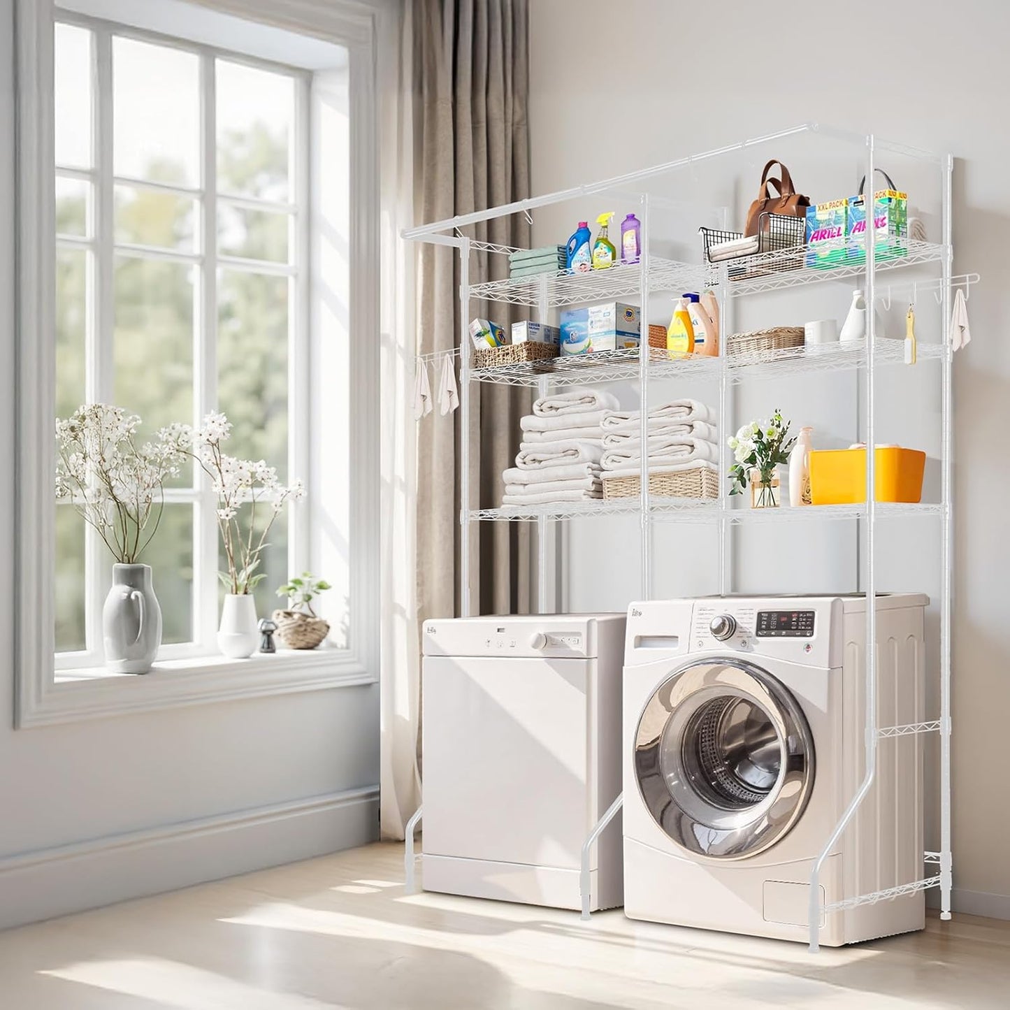 VEVOR Over The Washer and Dryer Storage Shelf, 6 Tier Laundry Room Drying Rack with Hanger Rod and Hooks, Adjustable Over Washer and Dryer Shelves, Laundry Room Shelf Storage Space Saver, White