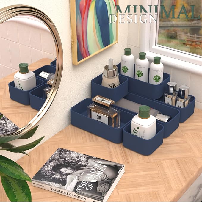 CHANCETSUI 6 PCS Stackable Drawer Organizers Set, Versatile Desk and Vanity Drawer Organizer Trays, Storage Bins for Makeup, Bathroom, Bedroom, Kitchen and Office, Blue