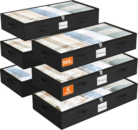 SpaceWhisper 90L Under Bed Storage Containers, 6-Pack Storage Bins with Clear Top, Foldable Closet Organizers and Storage with Label Holder for Clothing, Blankets, Comforter & Pillows(Black)