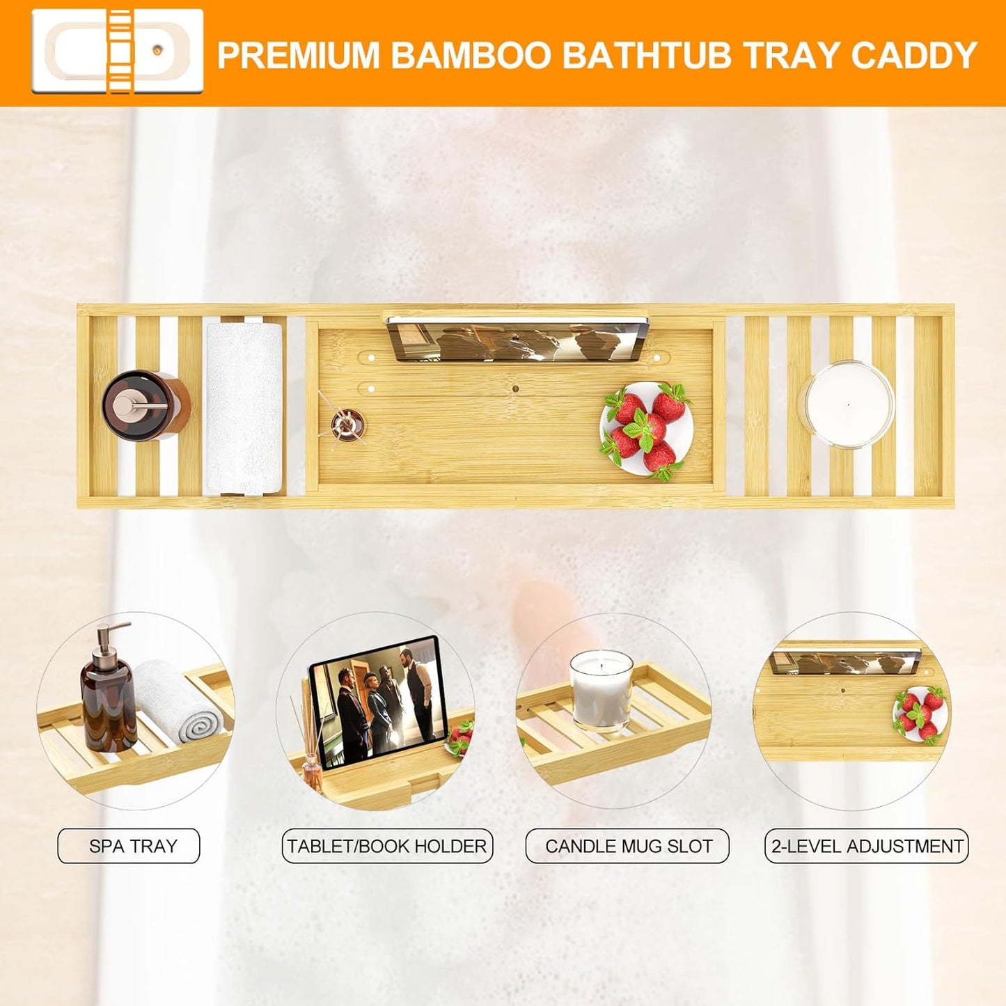 Bathtub Tray - Bath Tray Expandable - Bath Table Trays for Bathtub/Tub,Premium Bamboo Wooden, Fits Most Bath Tubs