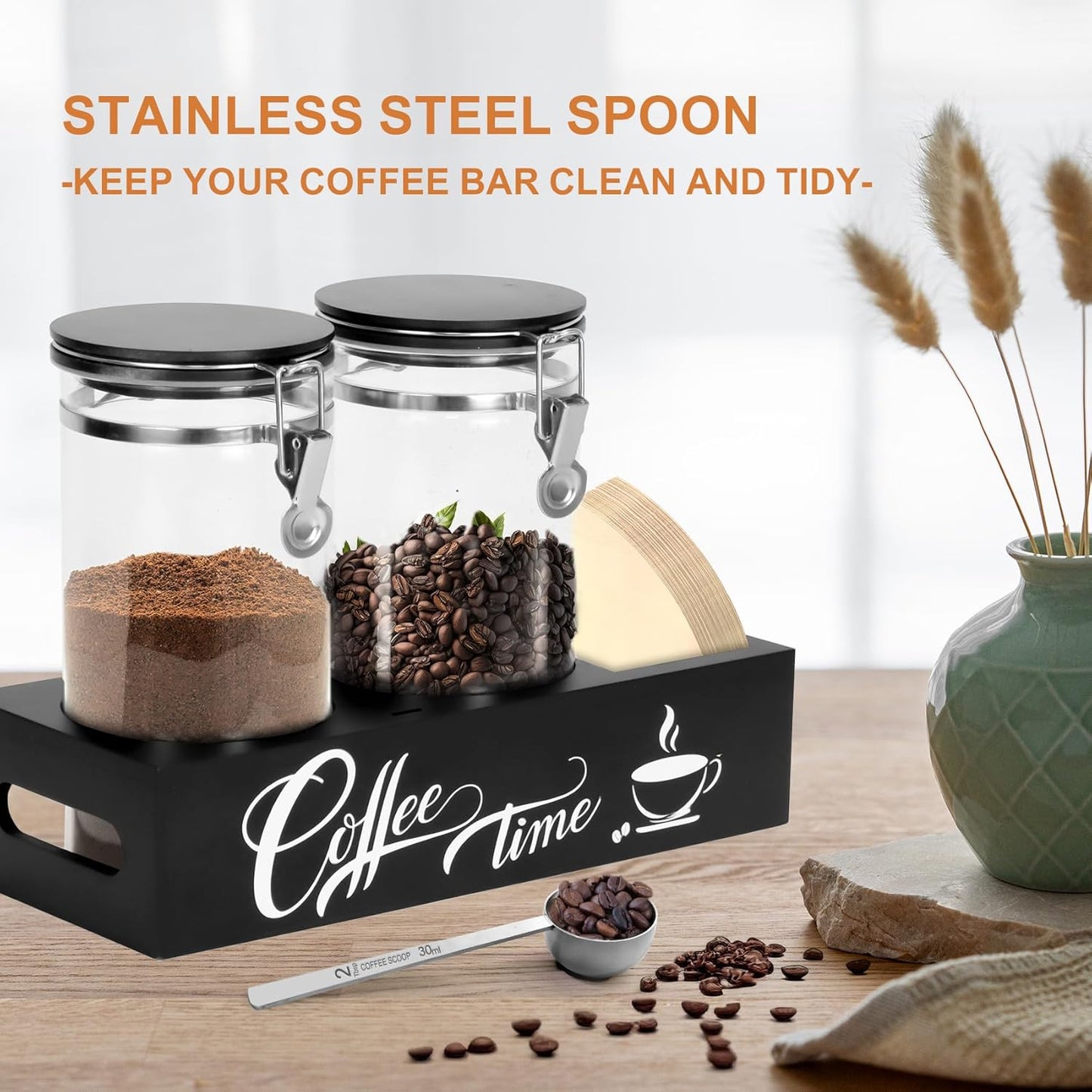 Glass Coffee Containers with Shelf Coffee Station Organizer 54oz Black Glass Coffee Bar Accessories Coffees Filter Holder for Kitchen Organization Coffees Bean Storage Canister
