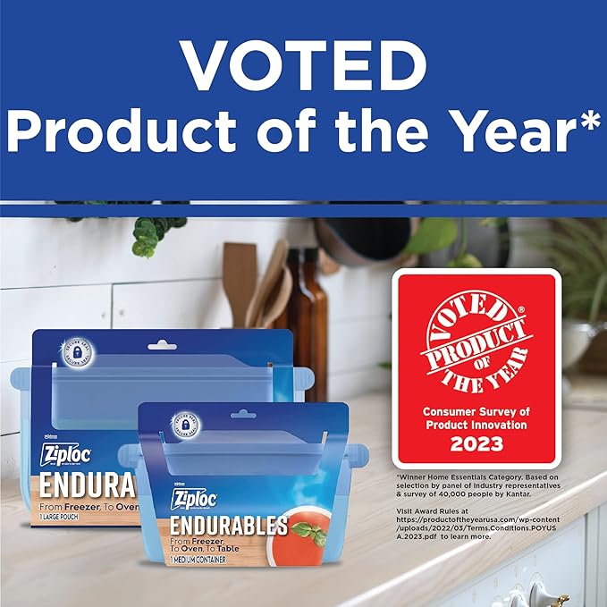 Ziploc Endurables Medium Pouch, 2 Cups, Reusable Silicone Bags and Food Storage Meal Prep Containers for Freezer, Oven, and Microwave, Dishwasher Safe (Pack of 4)