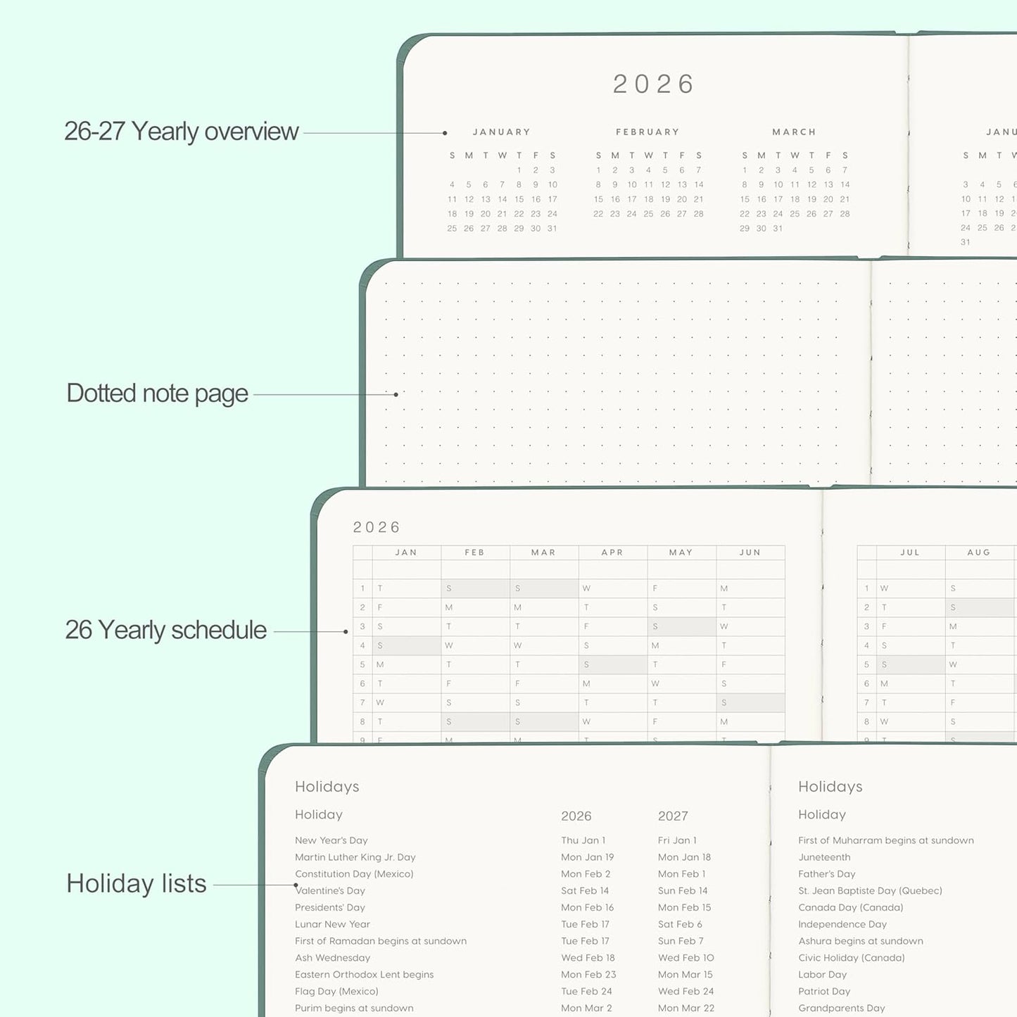 And Per Se 2026 Planner-Daily, Weekly & Monthly Leather Hardcover Planner, 5.7" x 8", Daily Schedule, Monthly Tabs, 100 GSM Thick Paper, Back Pocket(Green)