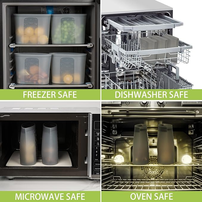 Reusable Storage Bags Quart Size, 4 Pack, 100% Silicone Stand Up Ziplock Reusable Silicone Food Storage Bags Sandwich Bags Containers, Freezer Microwave Oven Dishwasher Safe, Grey, 33.8fl.oz