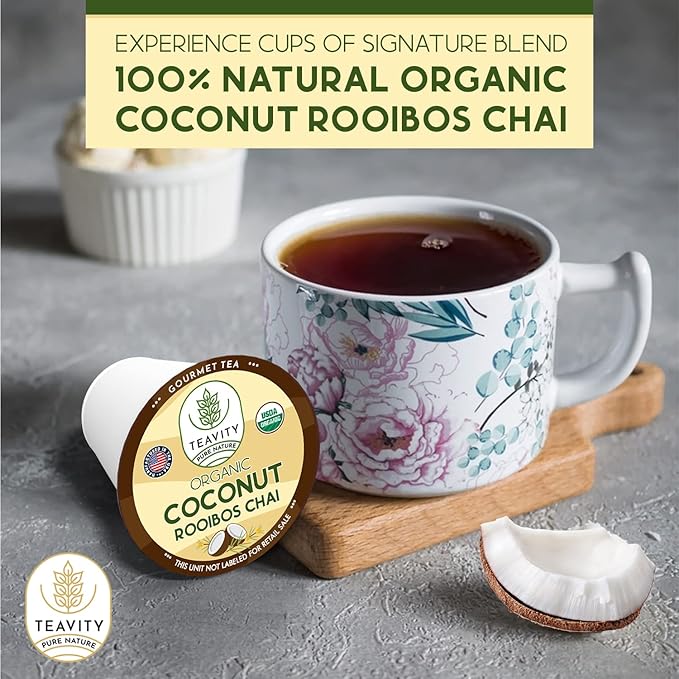 Coconut Rooibos Chai Tea Pods for Keurig - Organic Ginger Tea, Rooibos, Cinnamon, Cardamom, Coconut & Chai by Teavity (24 Tea Pods)