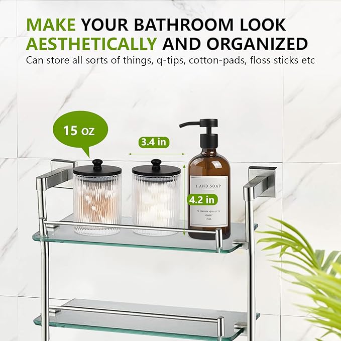 3 Pack Qtip Holder - Bathroom Organizers and Storage, Cotton Round Holder Floss Pick Cotton Ball Swab Holder with Tray, Glass Apothecary Jars with Lids Container Set -sw clear b