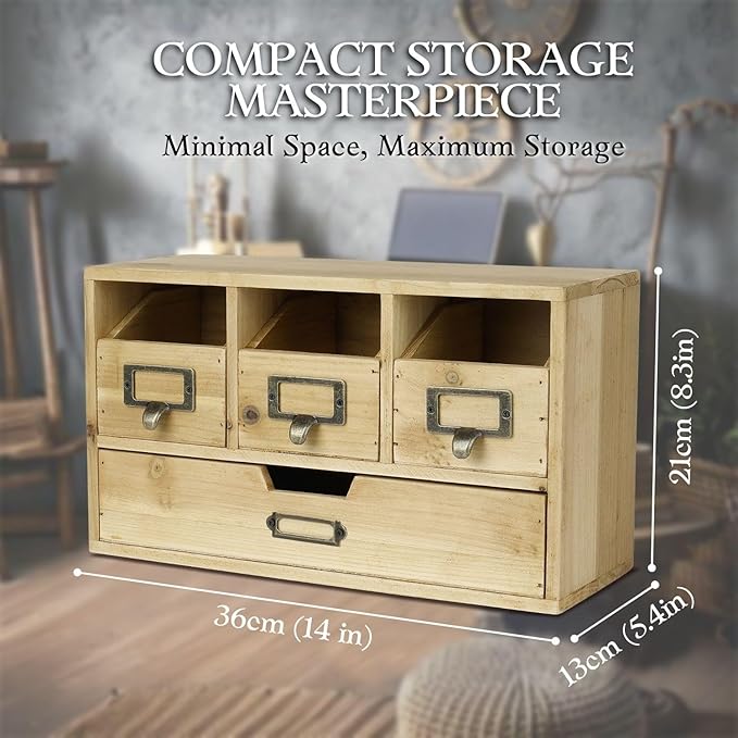 Flexzion Apothecary Cabinet with 4 Drawers - Vintage Natural Wood Desktop Organizer for Home & Office Supplies - Tabletop Wooden Storage for Catalog, Card, Jewelry, Makeup, Craft & Tools