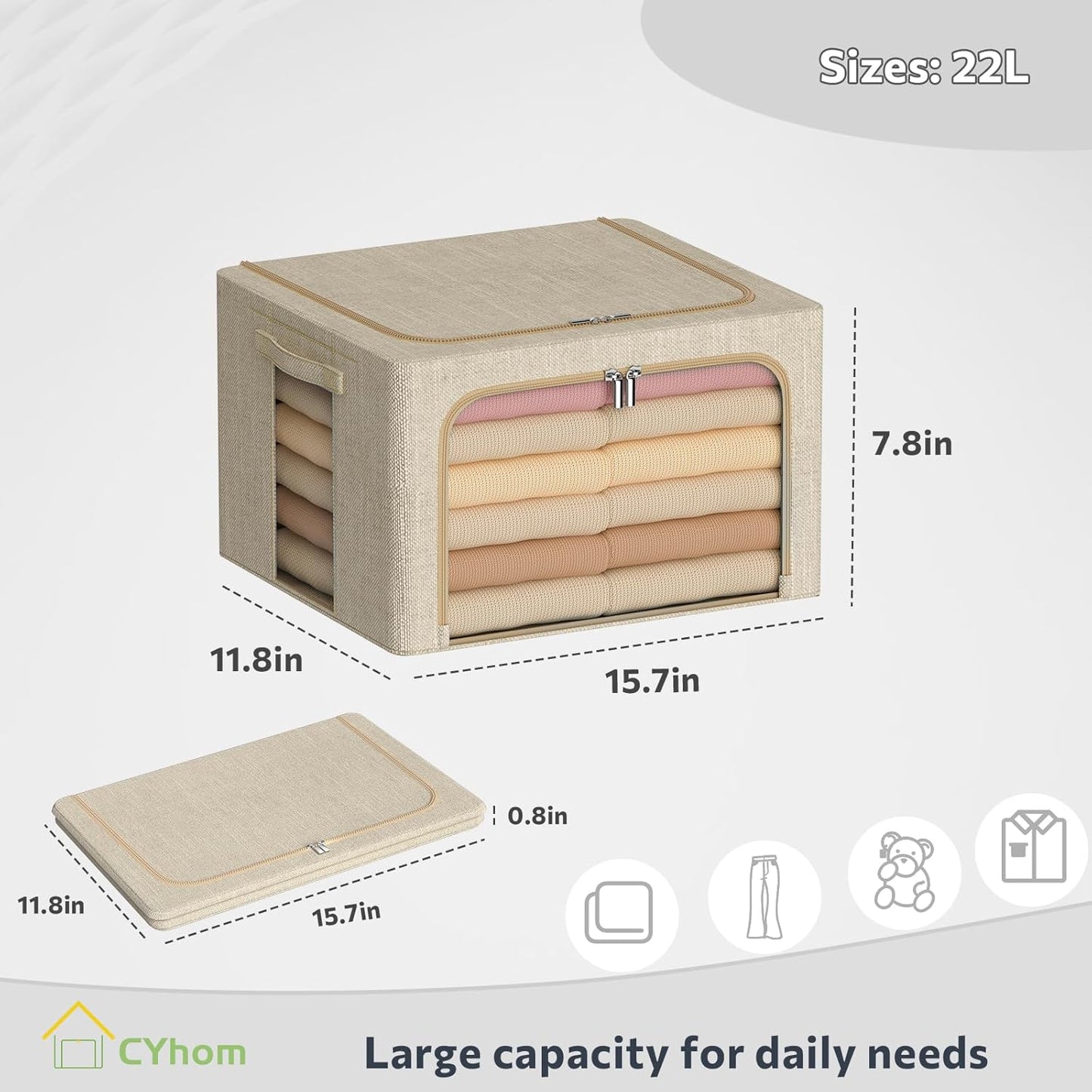 CYhom Clothes Storage Bins Box - Linen Fabric Foldable Stackable Container Organizer Set with Clear Window & Carry Handles & Metal Frame - 2Pack Large Capacity for Bedding, Blankets, Books