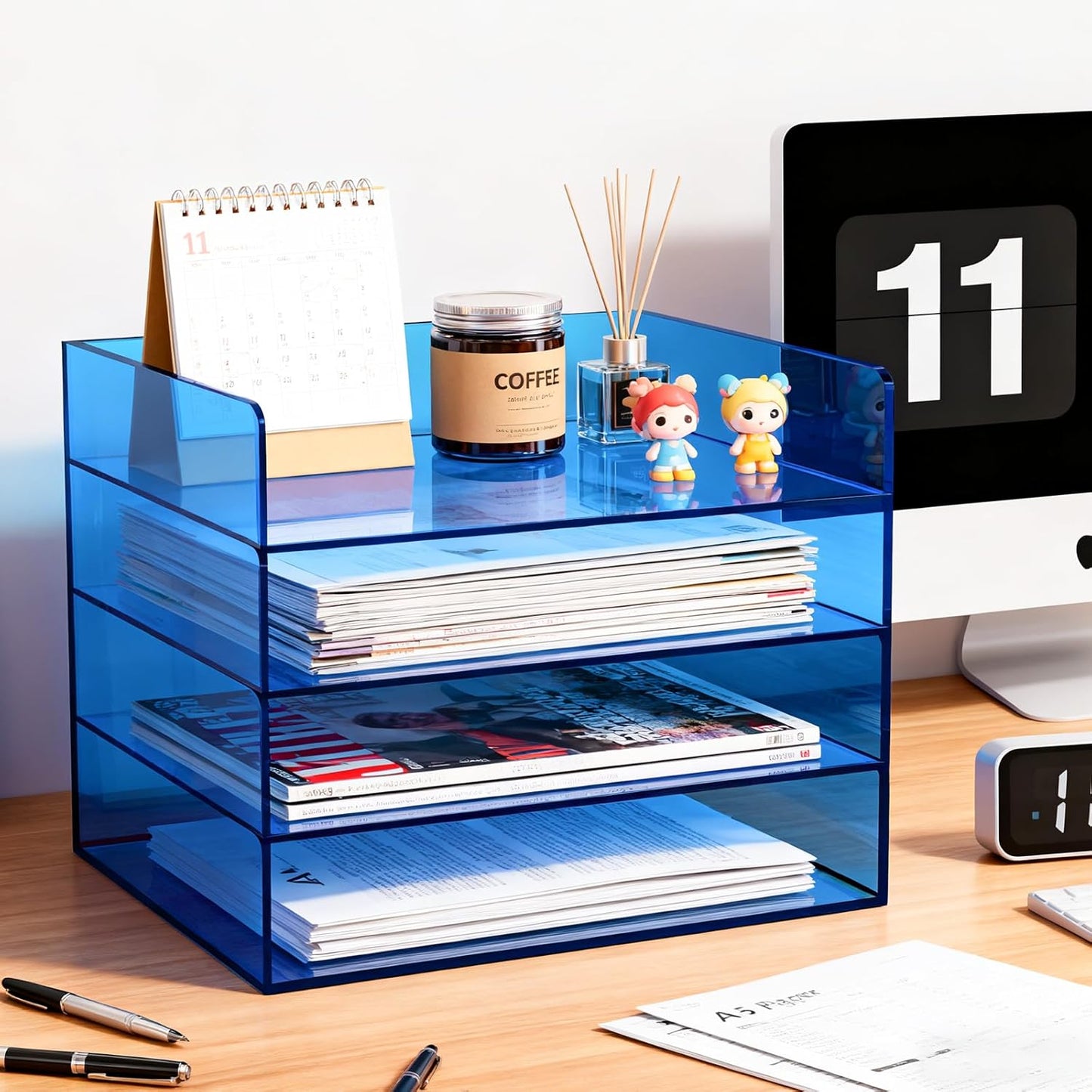 Gelite Acrylic File Organizer for Desk 4 Tiered Stackable Letter Tray Office Paper Storage Desktop Document Sorter, Blue