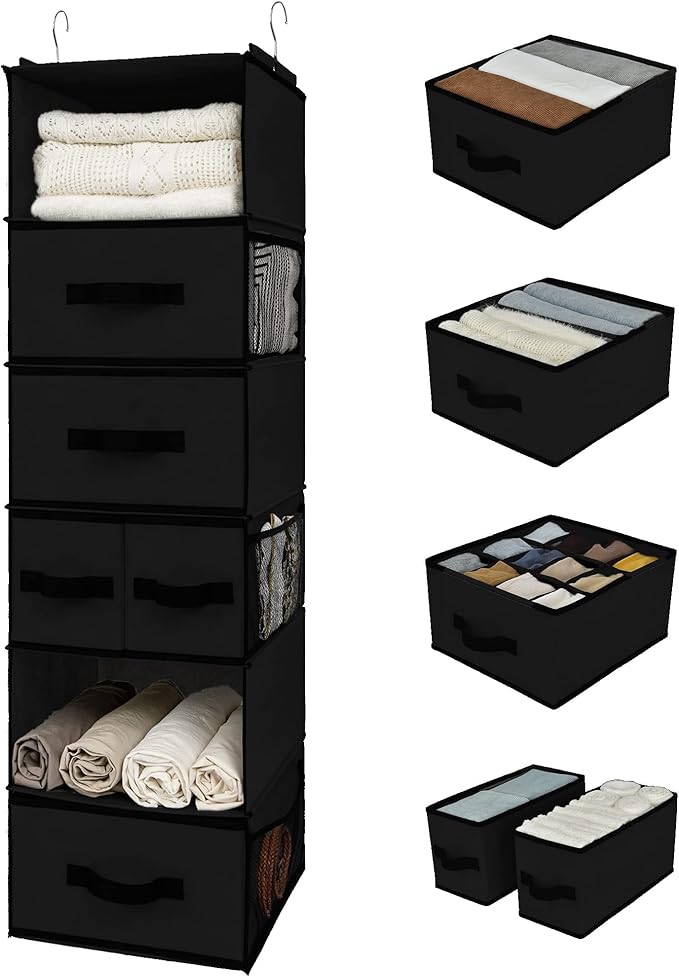 GRANNY SAYS Hanging Closet Organizer 6 Shelves, Closet Organization and Storage with 5 Different Drawers, 6 Side Pockets Wardrobe Clothes Organizer for Closet, Black, 1-Pack