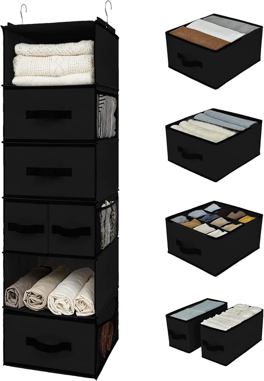 GRANNY SAYS Hanging Closet Organizer 6 Shelves, Closet Organization and Storage with 5 Different Drawers, 6 Side Pockets Wardrobe Clothes Organizer for Closet, Black, 1-Pack