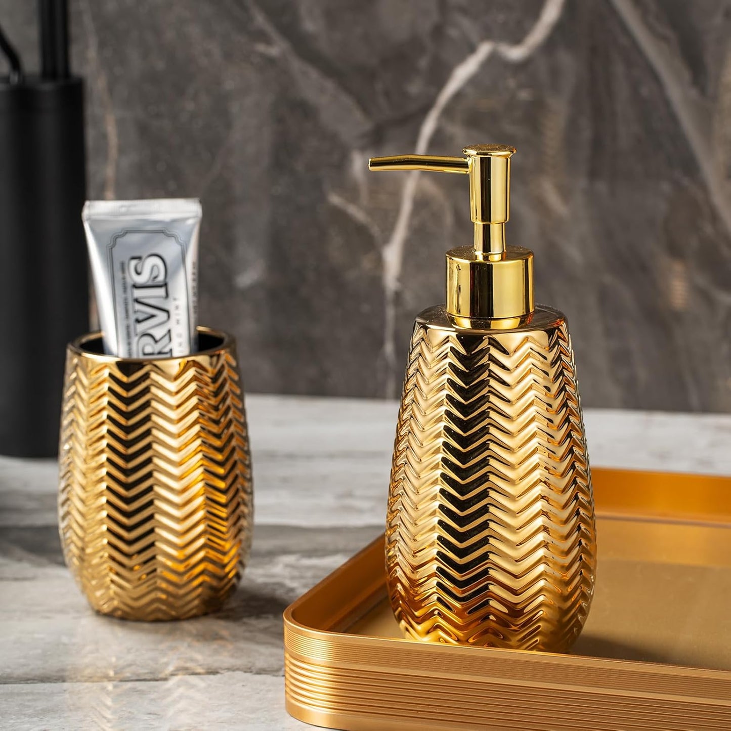 Gold Bathroom Accessories 3pcs Stylish Bathroom Accessories Set Gold Soap Dispenser Pump, Tumbler and Soap Dish Modern Decor Wavy Design Ceramic Bathroom Accessory Set