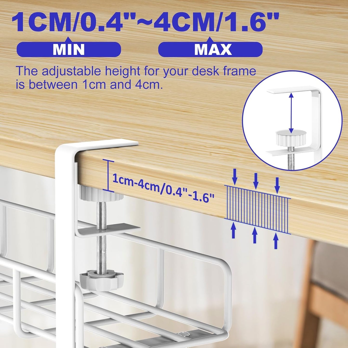 Under Desk Cable Management Tray, 31.5'' No Drill Steel Cable Tray Organizers, Wire Management Tray Cable Rack with Clamp Mount, Metal Under Desk Tray with Wire and Cord Organizer (White, 1 Pack)