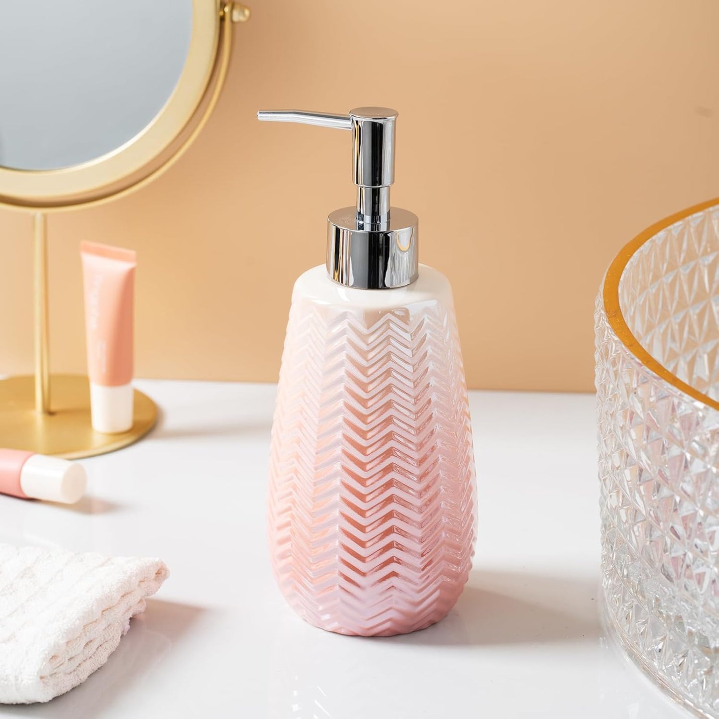 Bathroom Accessory Set, Pink Bathroom Decor, Pink Soap Dispenser, Soap Dish and Tumbler,Wavy Bathroom Accessories Set Complete.