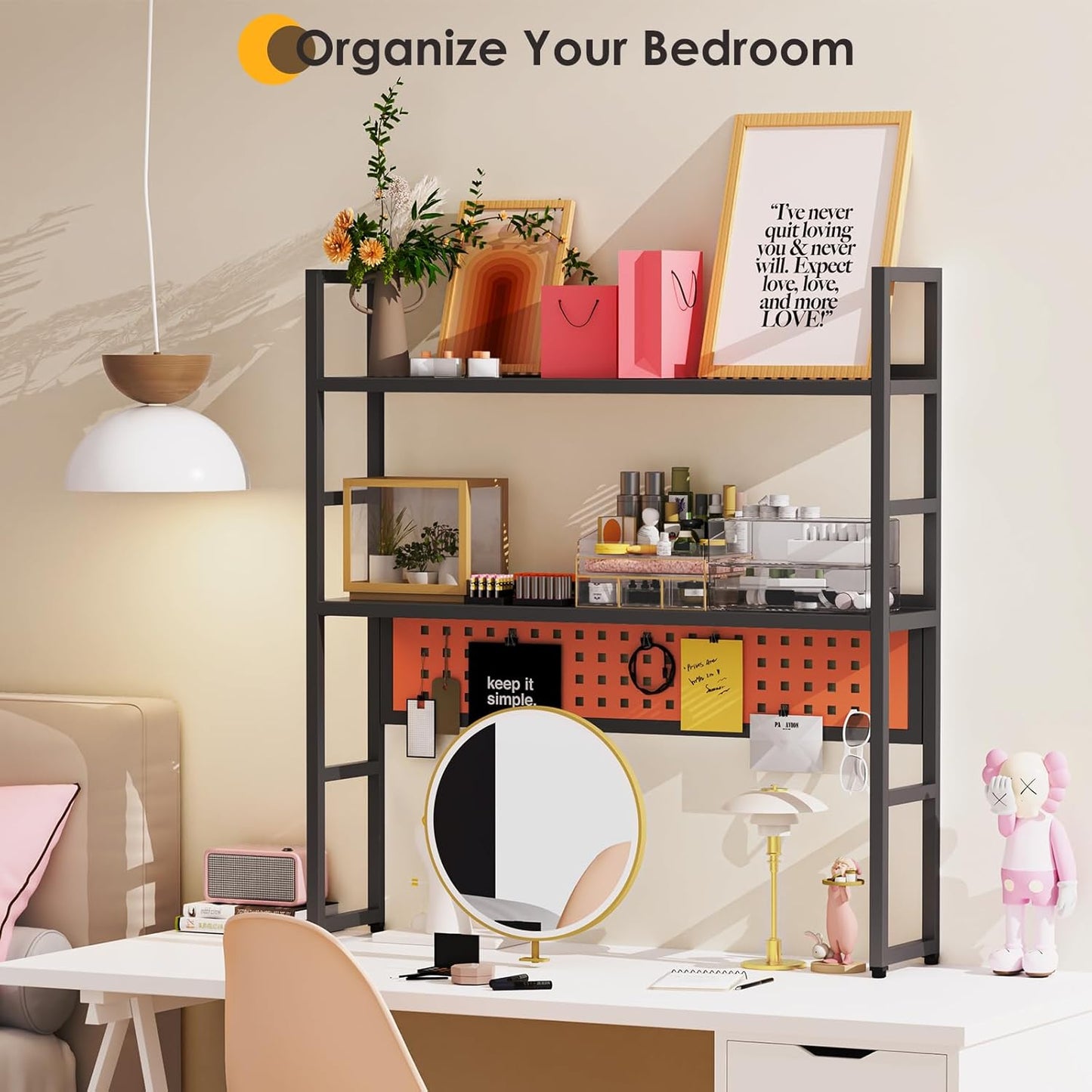 Desk Shelf, 35.43" Desk Hutch Bookshelf, Desktop Shelf with Pegboard for Computer Monitor, Metal Desktop Hutch Storage Organizer for Dorm Home Office, 2 Tier Bookcase, Black