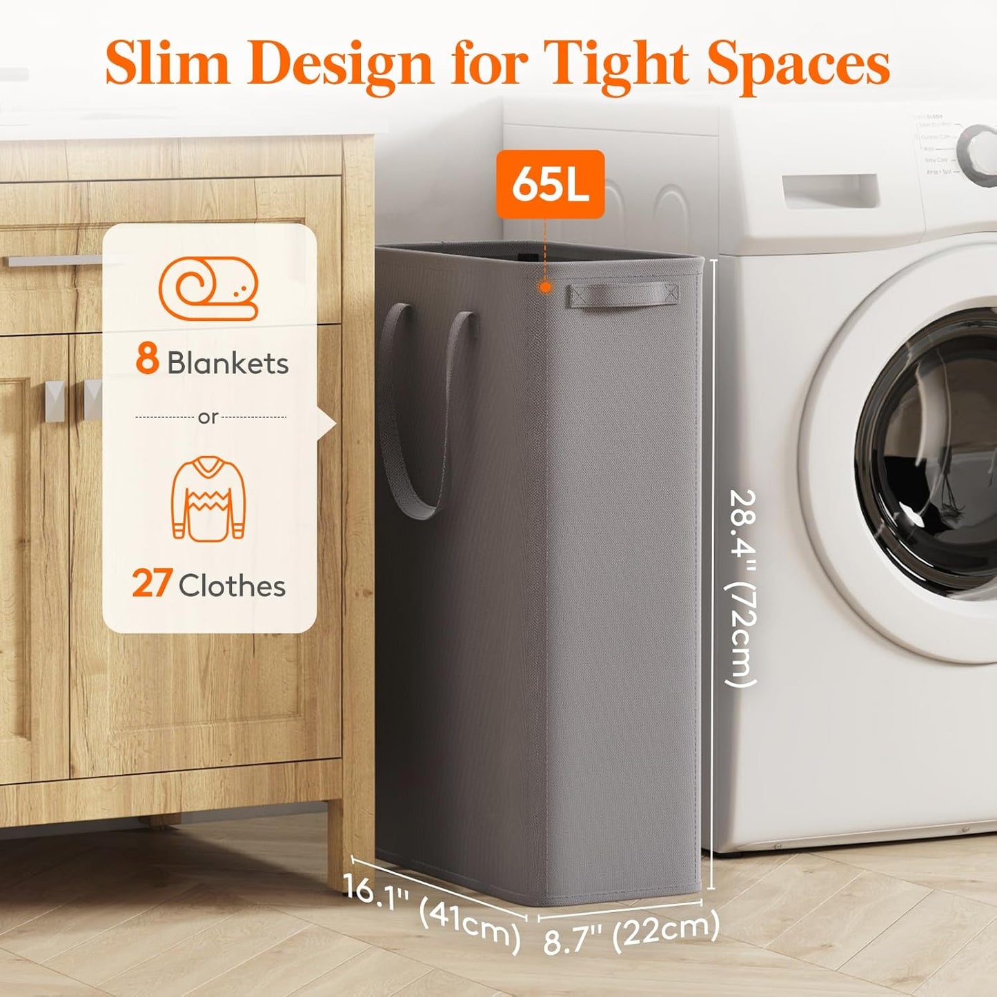 Lifewit 2 Pack Slim Laundry Hamper, Collapsible Narrow Laundry Basket, Small Tall Dirty Clothes Hampers with Handles for Bathroom Bedroom College Dorm, Grey, 65L