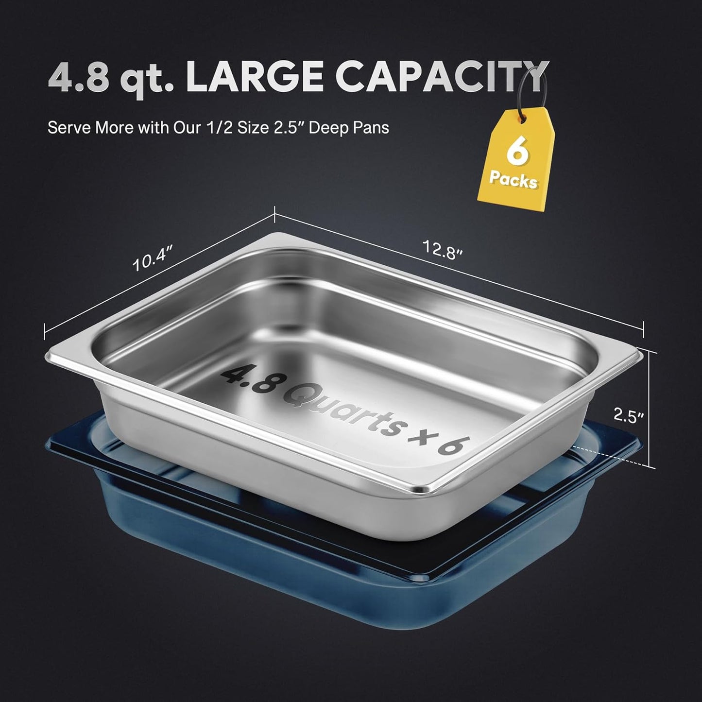 WILPREP 6 Pack Hotel Pans NSF Listed, 1/2 Size 2.5 in Deep Steam Table Pans with Lids, Food Grade Stainless Steel Hotel, 4.8 qt Catering Food Storage for Buffets Events Restaurants