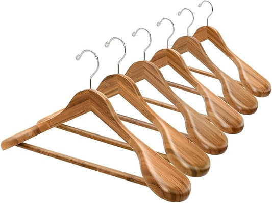 Amber Home 6 Pack Natural Wide Shoulder Bamboo Wooden Suit Coat Hangers, Bamboo Clothes Hangers with Pants Bar, Heavy Duty Bamboo Jacket Hangers for Dress, Pants, Heavy Clothes