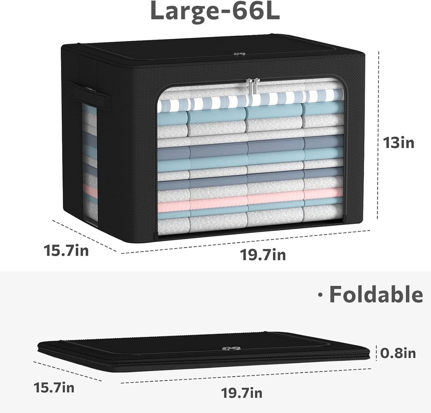Clothes Storage Bins Box - Linen Fabric Foldable Stackable Container Organizer Set with Clear Window & Carry Handles & Metal Frame (Black, Large-66L)