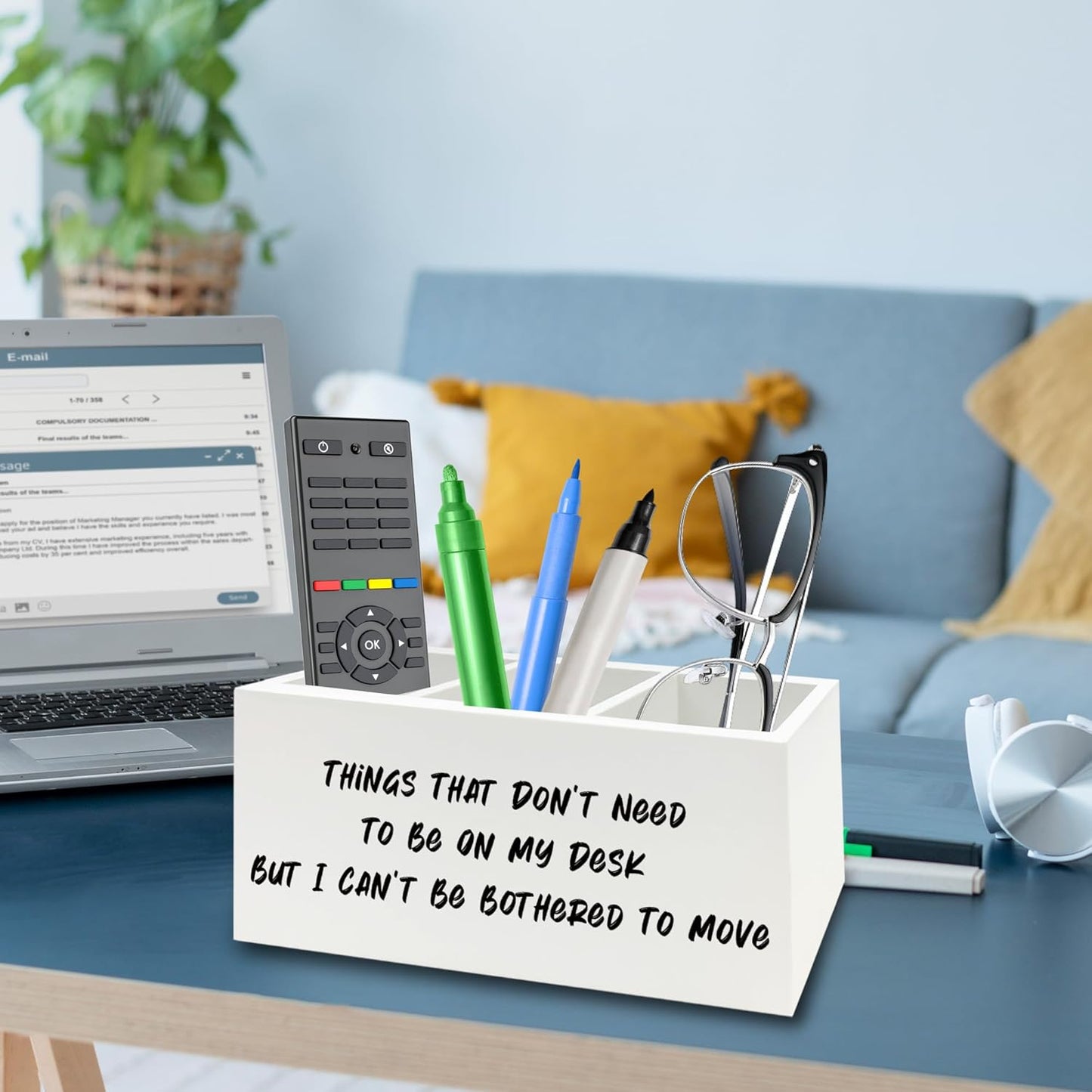 Funny Office Pen Pencil Holder Organizer for Desk, Humorous Gifts for Women Men, Funny But I Can't Be Bothered to Move Wooden Box Signs Decorations for Home Office Desk Tabletop