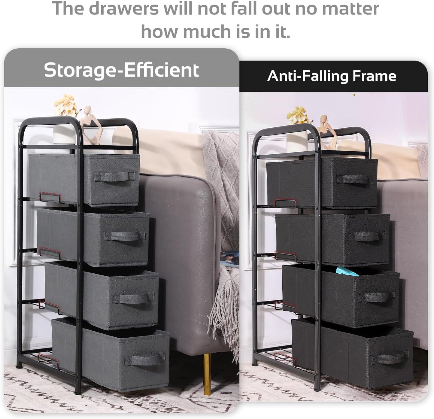 MAX Houser 4 Drawer Narrow Dresser Fabric Storage Tower Vertical Slim Storage Chest Organizer Nightstand Side/End Table Small Standing Organizer Removable Drawers Wood Top for Bedroom, Bathroom（Black)