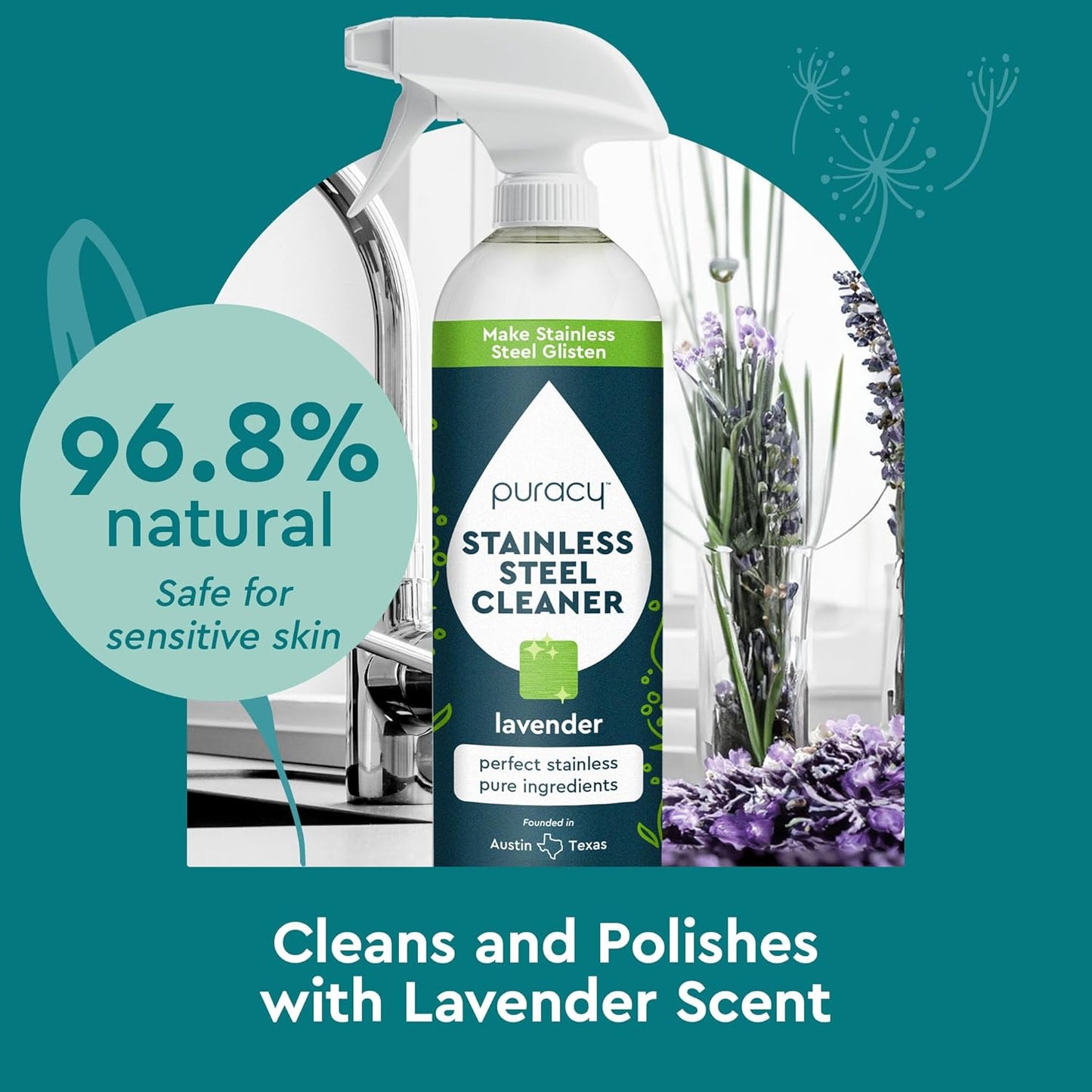 Puracy Stainless Steel Cleaner, Natural Stainless Steel Sink Cleaner, Stainless Steel Cleaner for Appliances, Sink Cleaner and Polish Kitchen Cleaner, Stainless Steel Refrigerator Spray (Lavender)