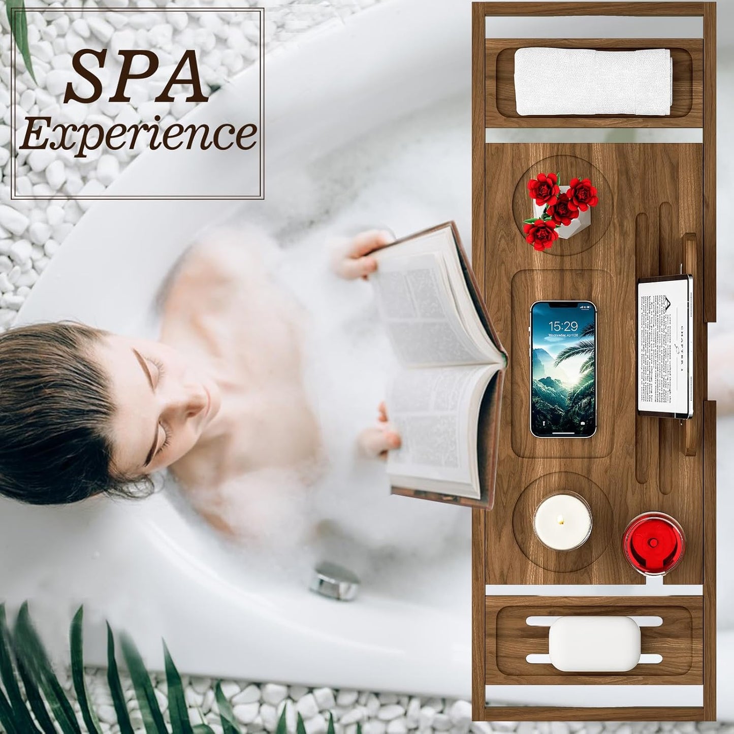 Premium Teak Bathtub Tray Caddy, Expandable Wooden Bath Tray for Bathub, Luxury Bathtub & Bathroom Accessories, Great House Warming, Anniversary & Wedding and Birthday Gifts